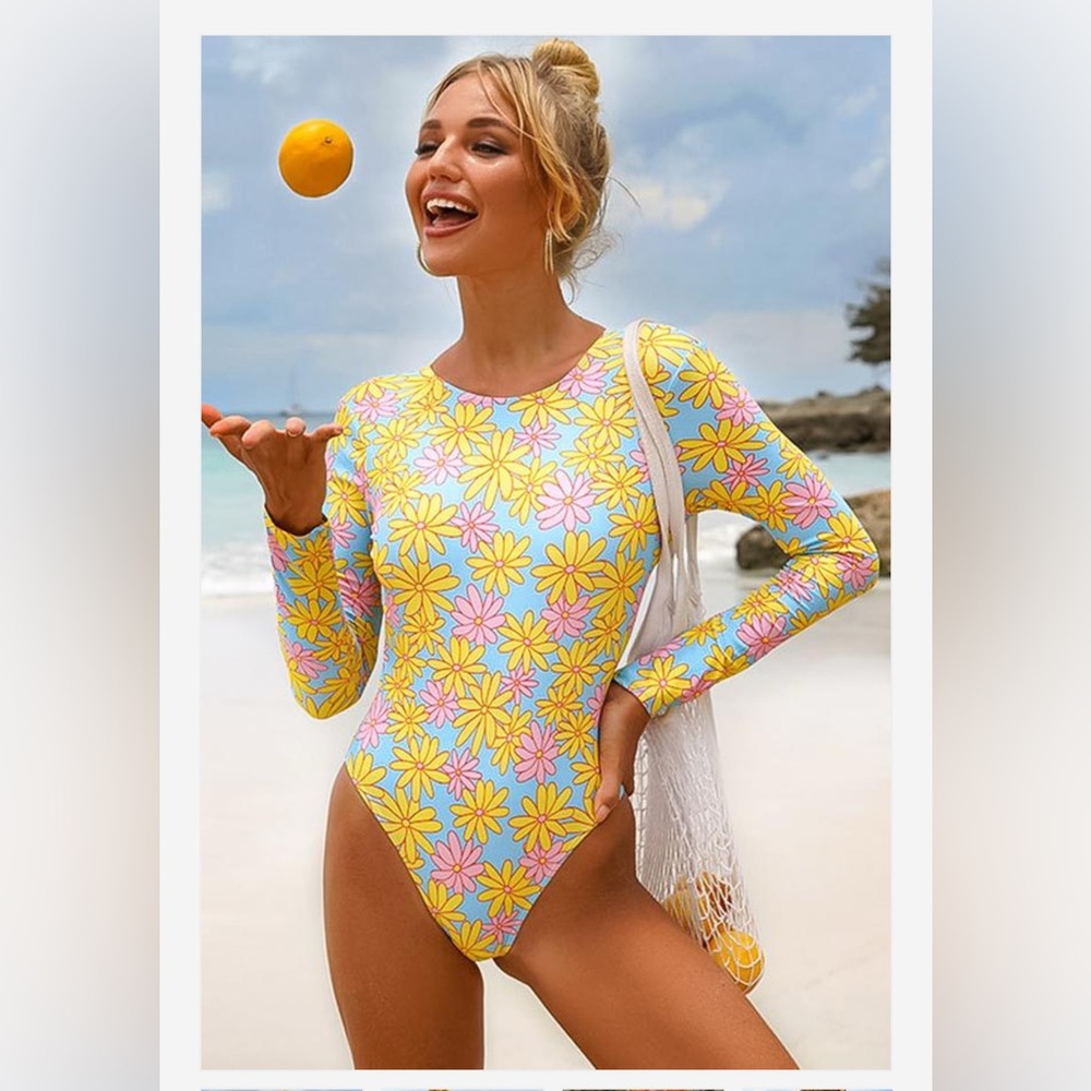 Long Sleeve One-Piece Swimsuit - Yellow & Pink Daisy Print